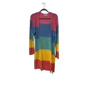 Womens Large Rainbow Striped Open-Front Cardigan Sweater Colorblock